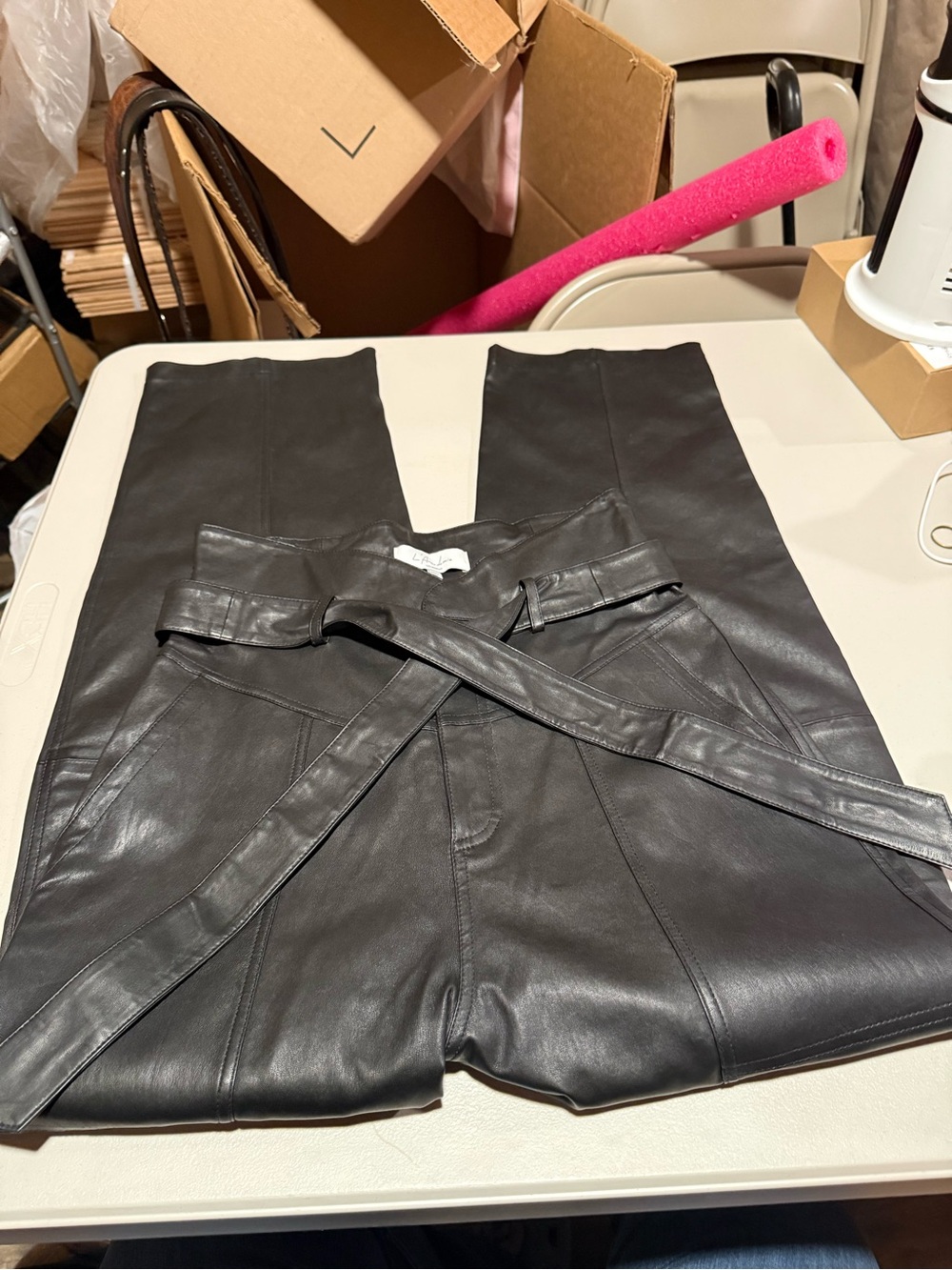 L'Academie Black Faux Leather Wide-Leg Pants with Self-Tie Belt